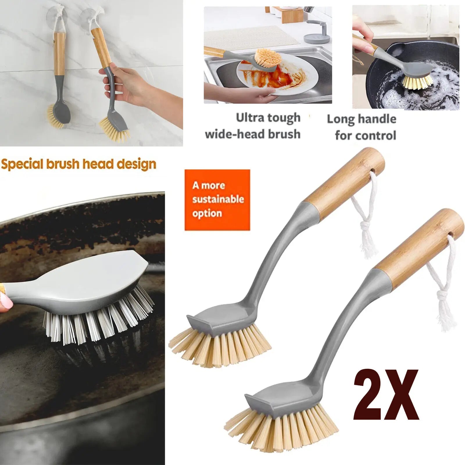 2x Dish Washing Up Brush Cleaning Brushes Kitchen Tool Pot Sink Scrubber Sponge