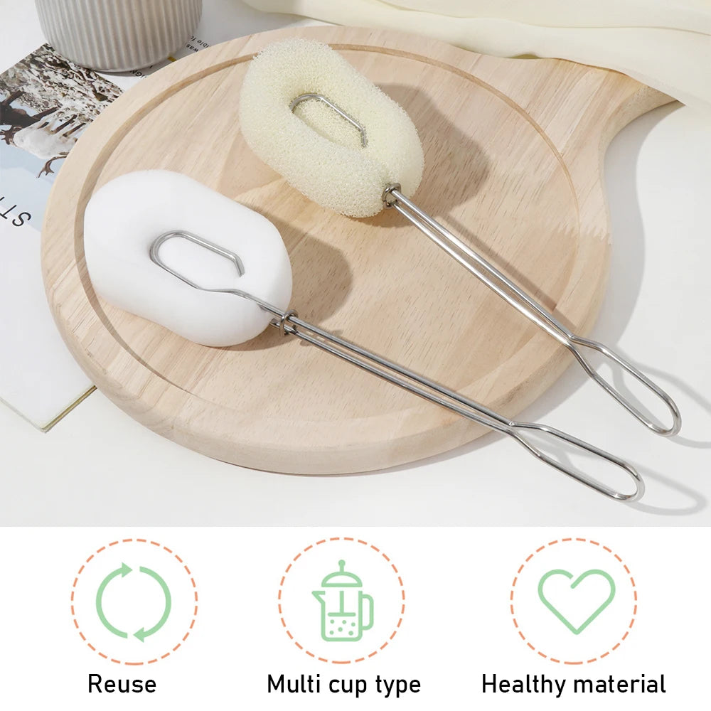 Detachable Bottle Cup Washing Sponge Brush with Stainless Steel Handle Replaceable Sponge Cleaning Brush Home Kitchen Tools