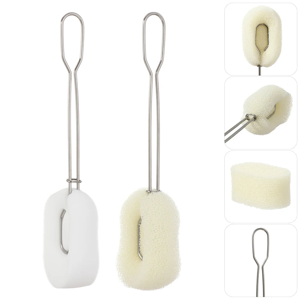Detachable Bottle Cup Washing Sponge Brush with Stainless Steel Handle Replaceable Sponge Cleaning Brush Home Kitchen Tools