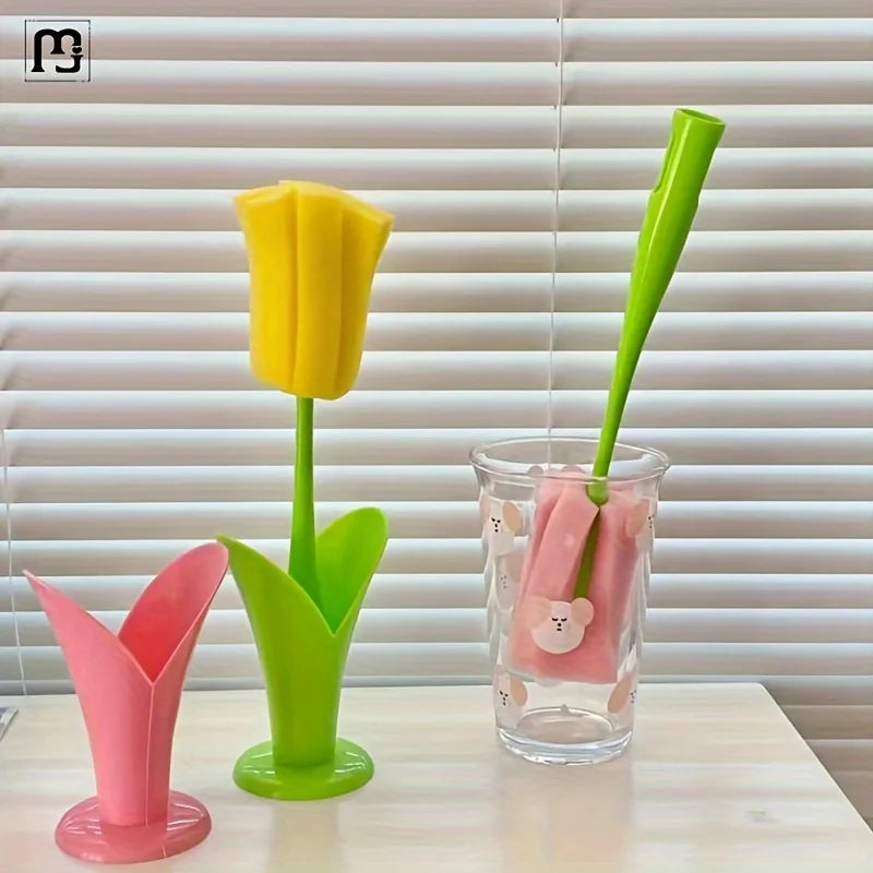 1pc Tulip-Shaped Long Handle Cup Brush - Reusable, Easy Storage Sponge For Kitchen & Bathroom Cleaning
