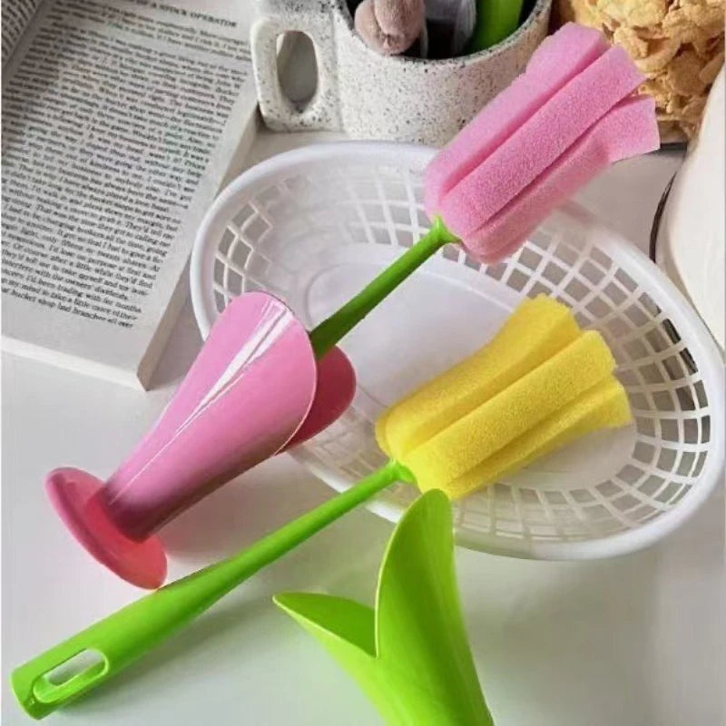 Tulip Style Reusable Cup Brush with Long Handle, Sponge Brush with Removable Sponge Head for Easy Cleaning Glasses,Water Cups