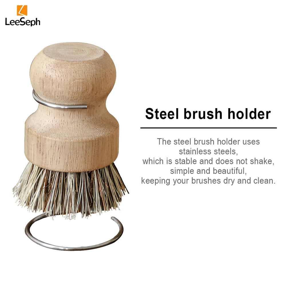 Leeseph Palm Pot Brush, Wood Dishes Brush with Stainless Steel Holder, for Cleaning Dishes, Sinks, Cast Iron Pots and Pan