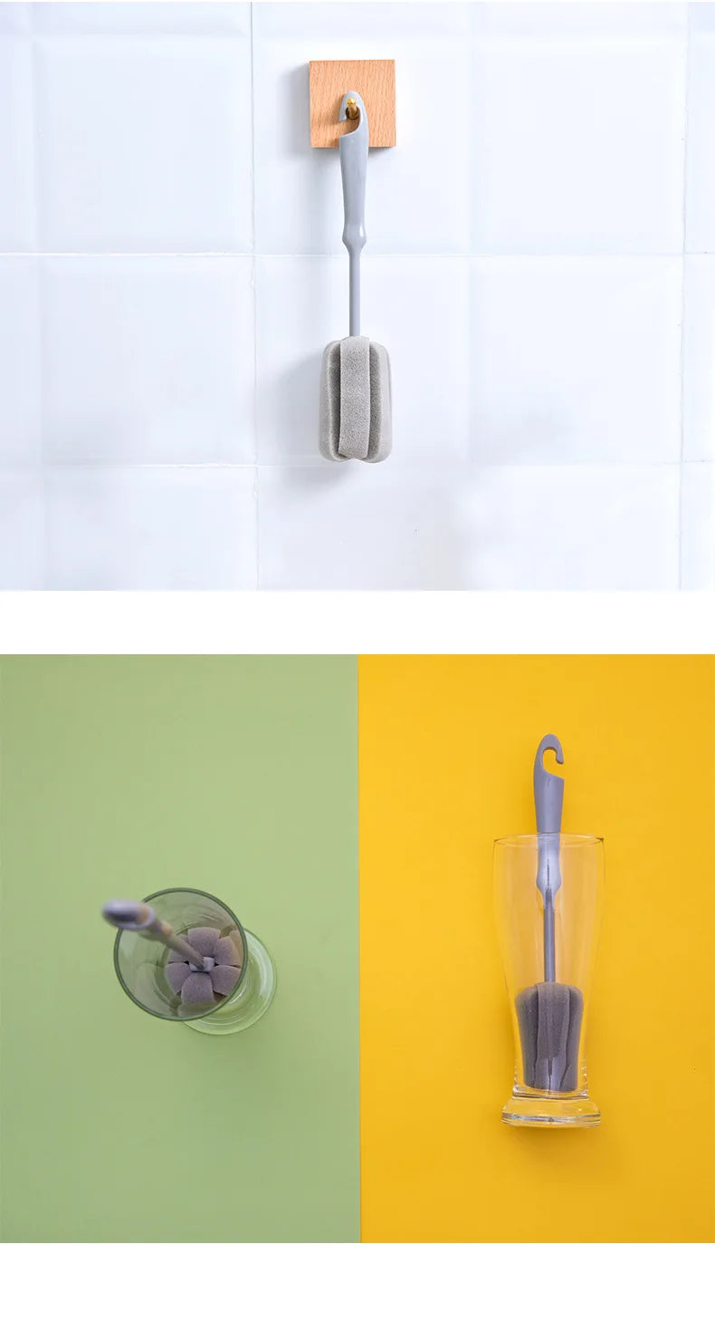 2493 Sponge Cup Brush Milk Bottle Brush Steel Ball Long Handle Spongy Brush Kitchen Household Cleaning Brush