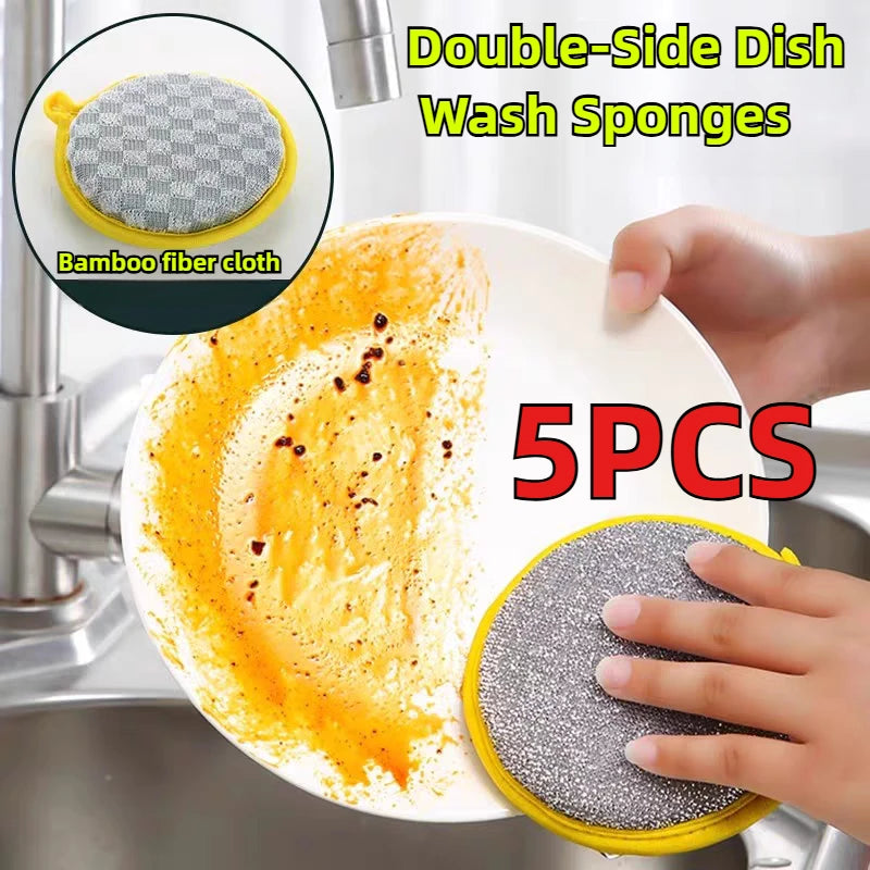 5PCS Double-Side Dish Wash Sponges, Dish Washing Brush Pan Pot, Dishwashing Sponge, Household Cleaning Reusable Kitchen Tools