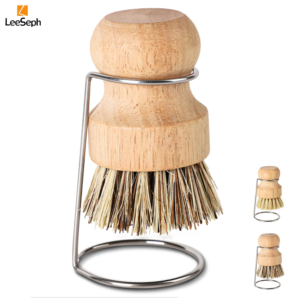 Leeseph Palm Pot Brush, Wood Dishes Brush with Stainless Steel Holder, for Cleaning Dishes, Sinks, Cast Iron Pots and Pan