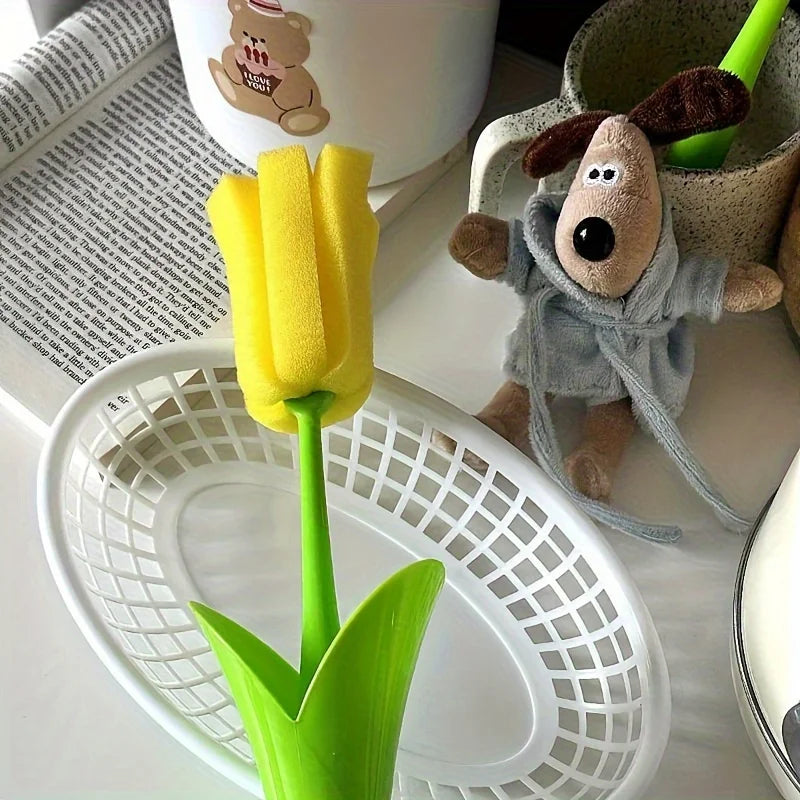 1pc Tulip-Shaped Long Handle Cup Brush - Reusable, Easy Storage Sponge For Kitchen & Bathroom Cleaning