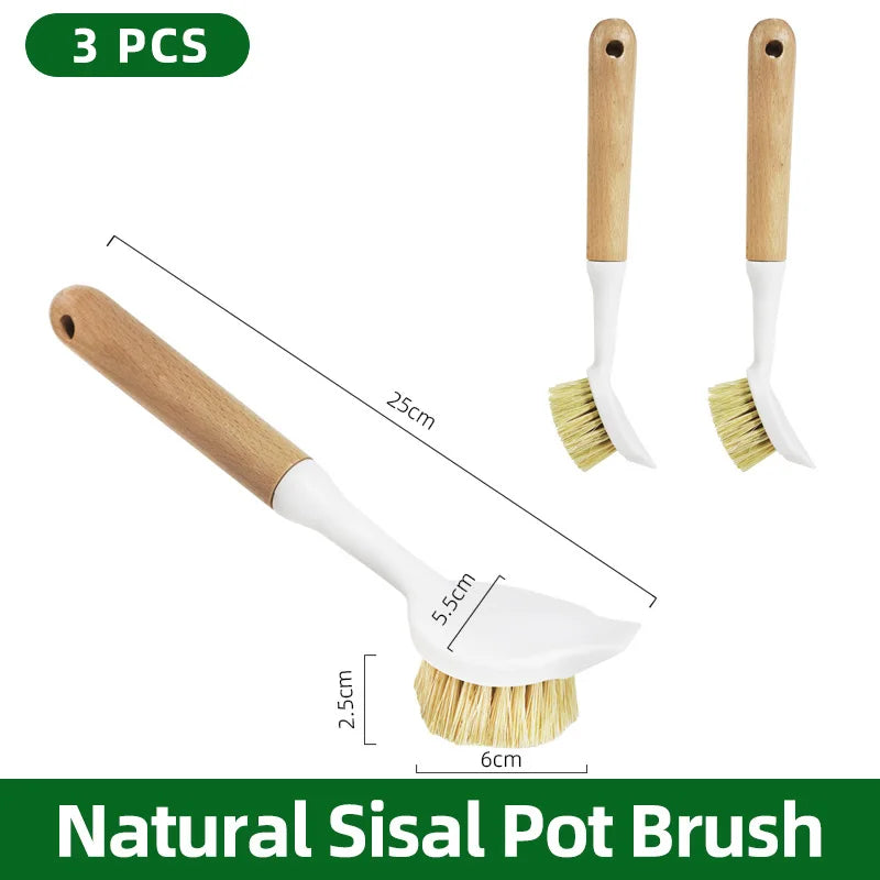 Natural Wooden Pot Brush With Sisal Bristles Durable Strong Scrubbing Eco Friendly Dish Brush For Cast Iron Skillet Pots Pans