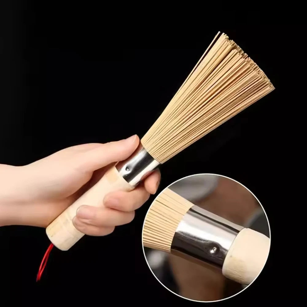 Natural Bamboo Wok Brush with Long Wooden Handle Durable Dish Scrubber Pot Pan Cleaner for Kitchen Home Restaurant Cleaning Tool