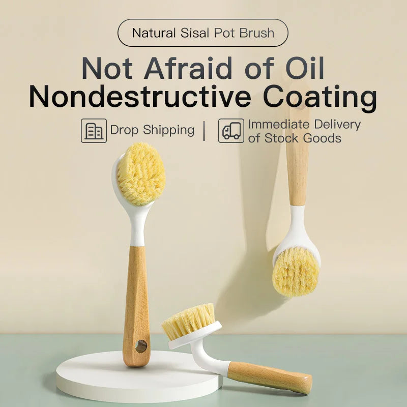 Natural Sisal Soft-Bristled Pot Brush, Household Kitchen Dishwashing Brush, Log Brush, Multi-Functional Beech Cleaning Brush