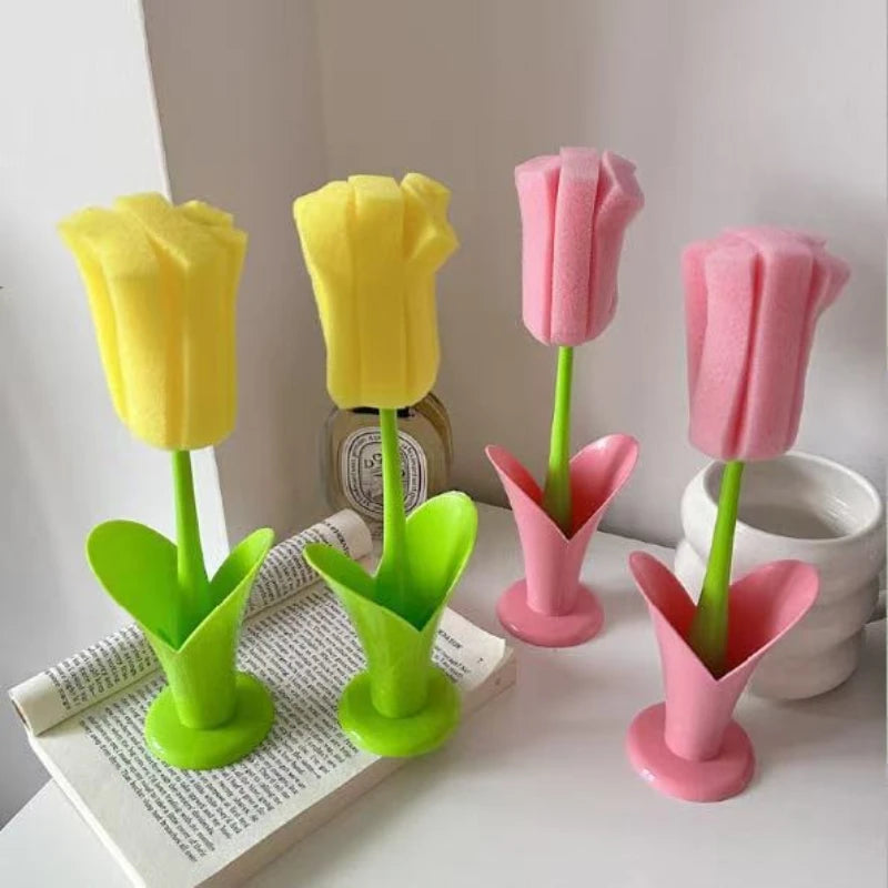 Tulip Style Reusable Cup Brush with Long Handle, Sponge Brush with Removable Sponge Head for Easy Cleaning Glasses,Water Cups