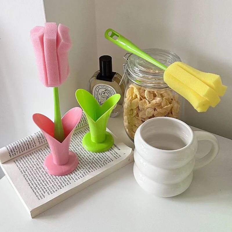 Tulip Style Reusable Cup Brush with Long Handle, Sponge Brush with Removable Sponge Head for Easy Cleaning Glasses,Water Cups