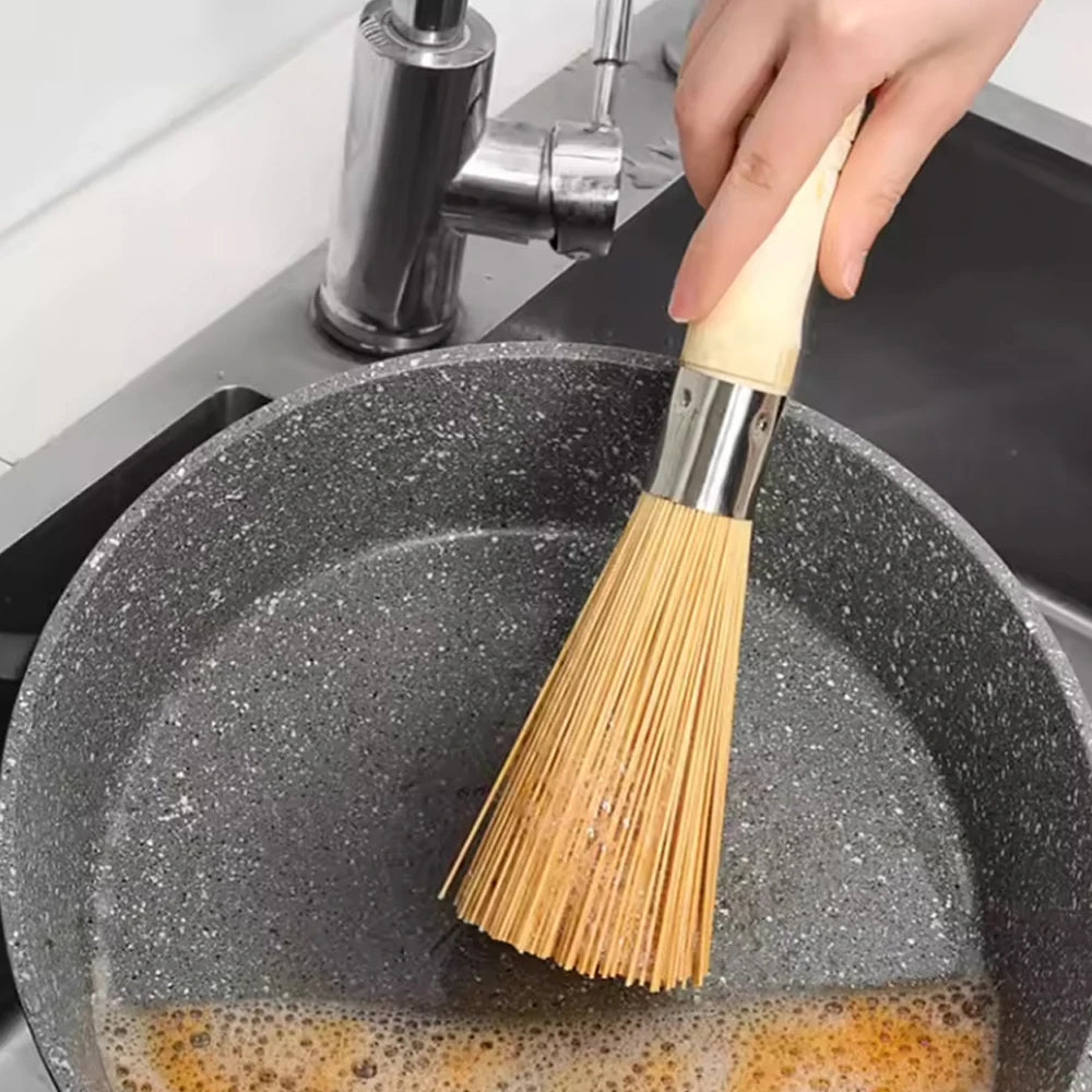 Natural Bamboo Wok Brush with Long Wooden Handle Durable Dish Scrubber Pot Pan Cleaner for Kitchen Home Restaurant Cleaning Tool