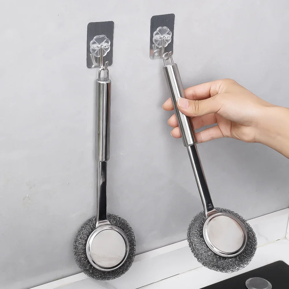 Strong Decontamination Cleaning Brush Long Handle Pot Brush Kitchen Pan Pot Dishes Cleaning Brush Steel Wire Metal Wool Scourer