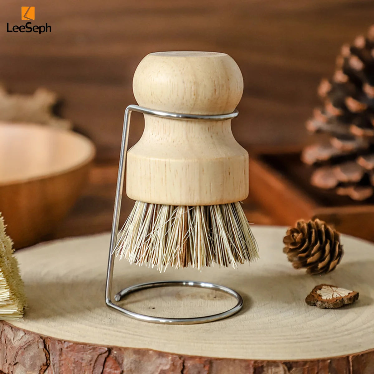 Leeseph Palm Pot Brush, Wood Dishes Brush with Stainless Steel Holder, for Cleaning Dishes, Sinks, Cast Iron Pots and Pan