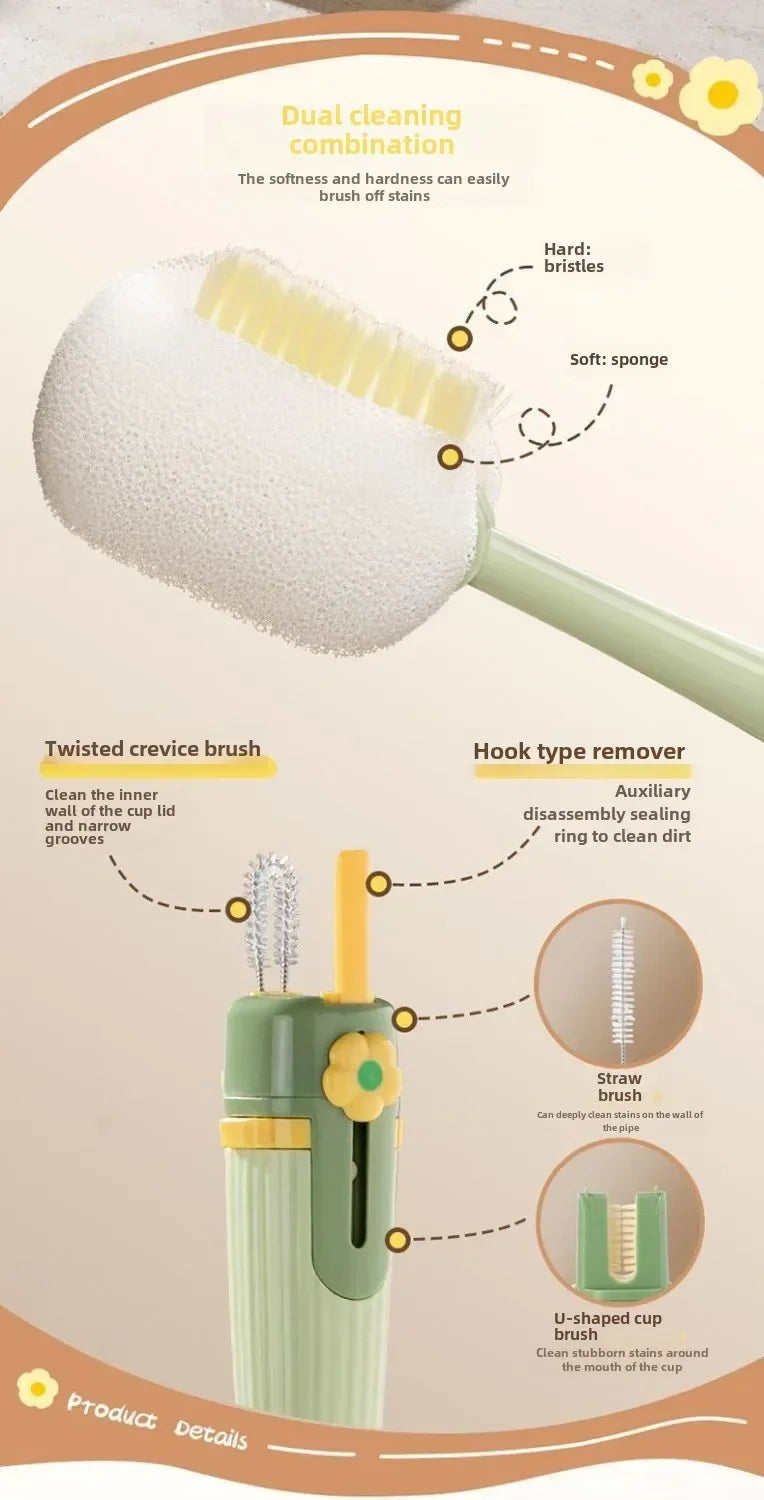 5-in-1cup Washing Tool for Household Use Multifunctional Cup Brush Water Cup Thermos Cup Brush Milk Bottle Cleaning Sponge Brush