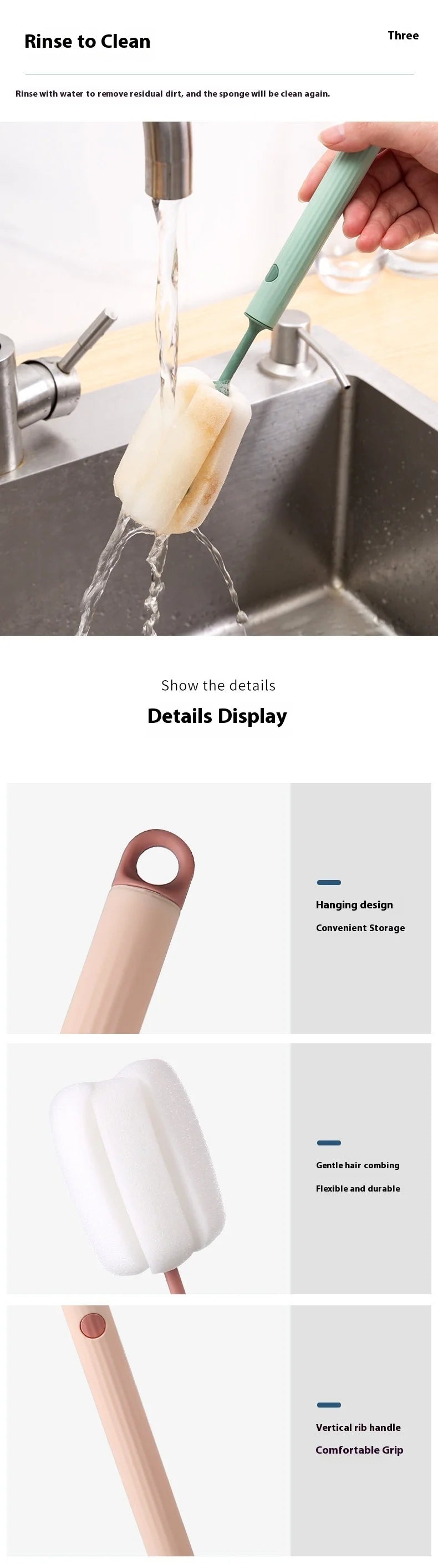 New Nordic-style Cup Brush Long-handled Sponge Cup Brush Detachable and Replaceable Head Baby Bottle and Thermos Cup Clean Brush