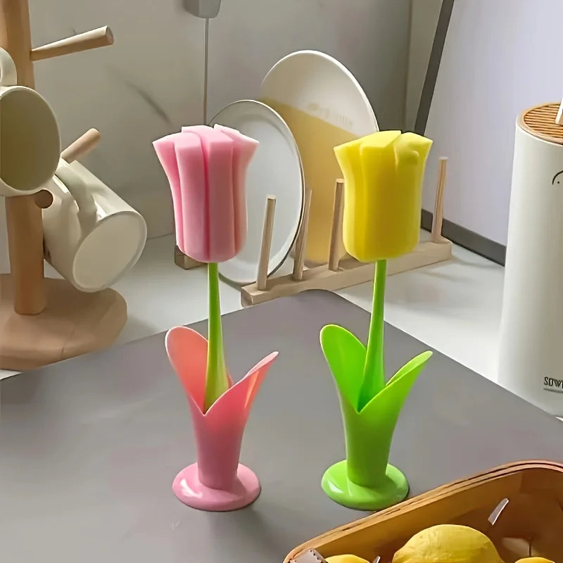 Tulip Style Reusable Cup Brush with Long Handle, Sponge Brush with Removable Sponge Head for Easy Cleaning Glasses,Water Cups