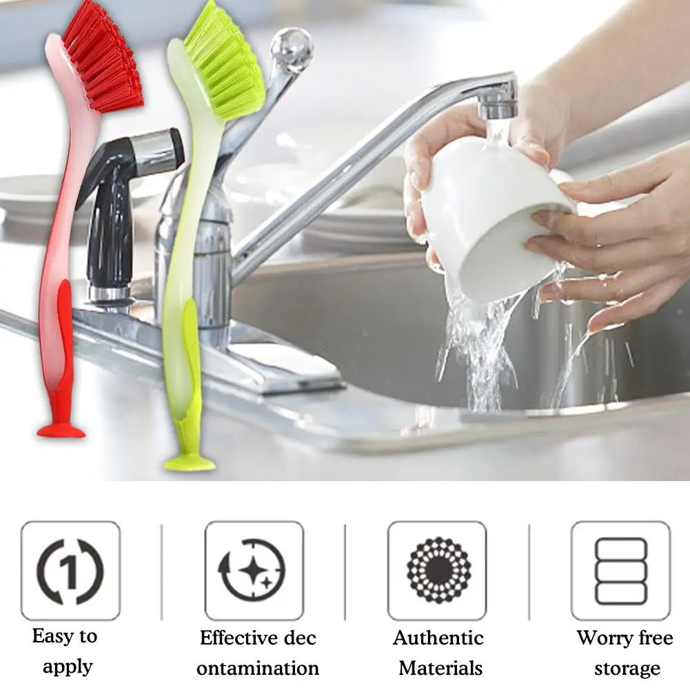 Multifunctional Pot Cleaning Brush Vertical Dishwashing Brush Kitchen Suction Cup Type Sink Cleaning Scrub LongHandle Tool Brush