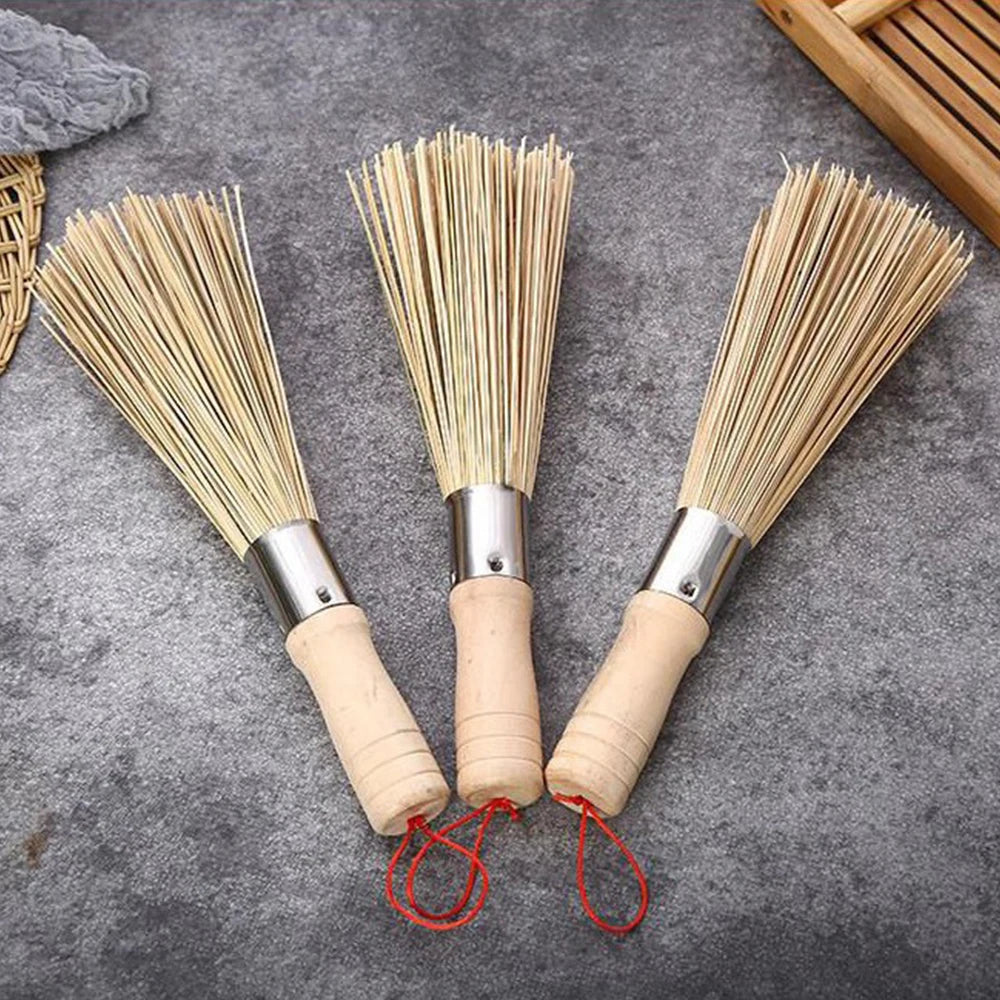 Natural Bamboo Wok Brush with Long Wooden Handle Durable Dish Scrubber Pot Pan Cleaner for Kitchen Home Restaurant Cleaning Tool