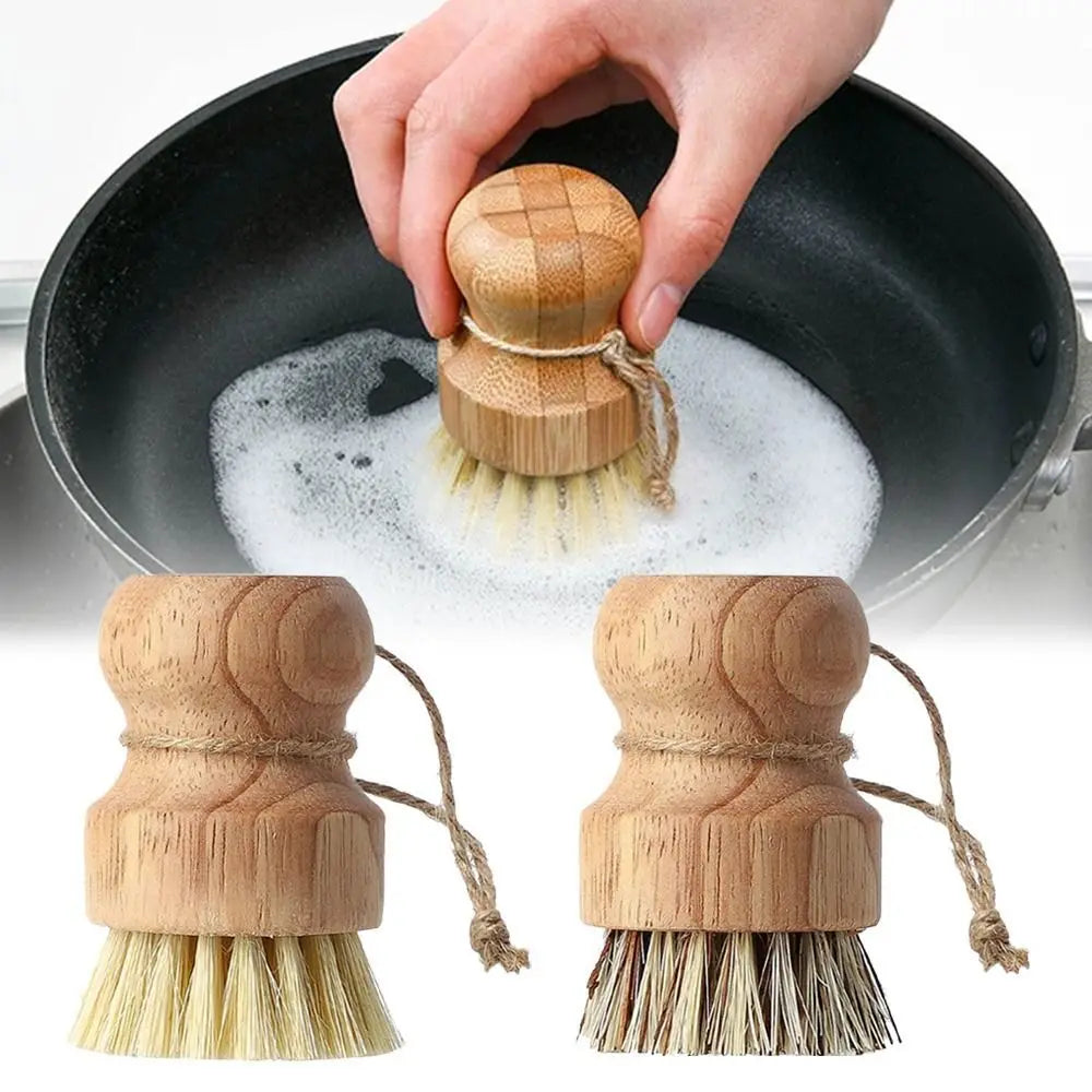 2pcs Bamboo Dish Scrub Brush Natural Scrub Cleaning Brush Vegetable Brush for Dishes Cast Iron Pots Pans Bathroom Kitchen Sink
