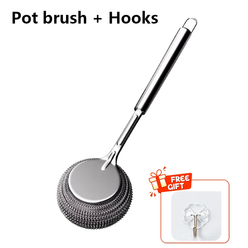 304 Stainless Steel Pot Brush Kitchen Special Pot Washing Steel Wool Ball Brush Long Handle Dish Cleaning Brush Pot Brush Tools