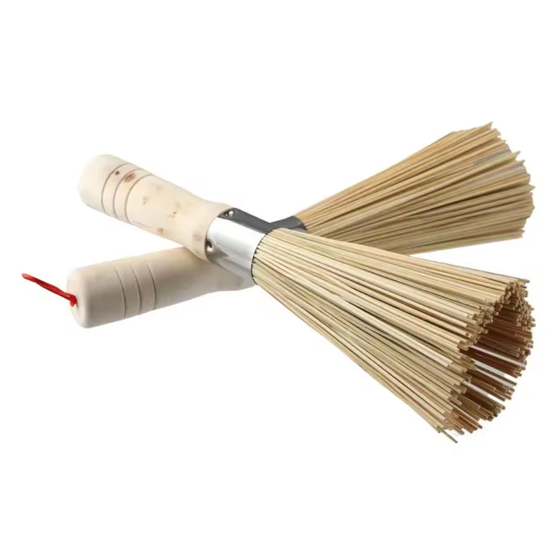 Natural Bamboo Wok Brush with Long Wooden Handle Durable Dish Scrubber Pot Pan Cleaner for Kitchen Home Restaurant Cleaning Tool