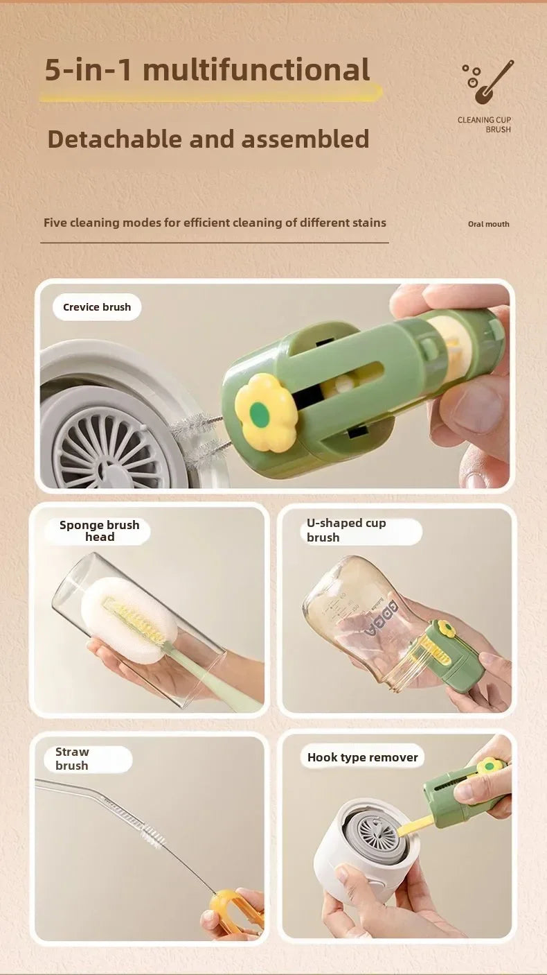 5-in-1cup Washing Tool for Household Use Multifunctional Cup Brush Water Cup Thermos Cup Brush Milk Bottle Cleaning Sponge Brush