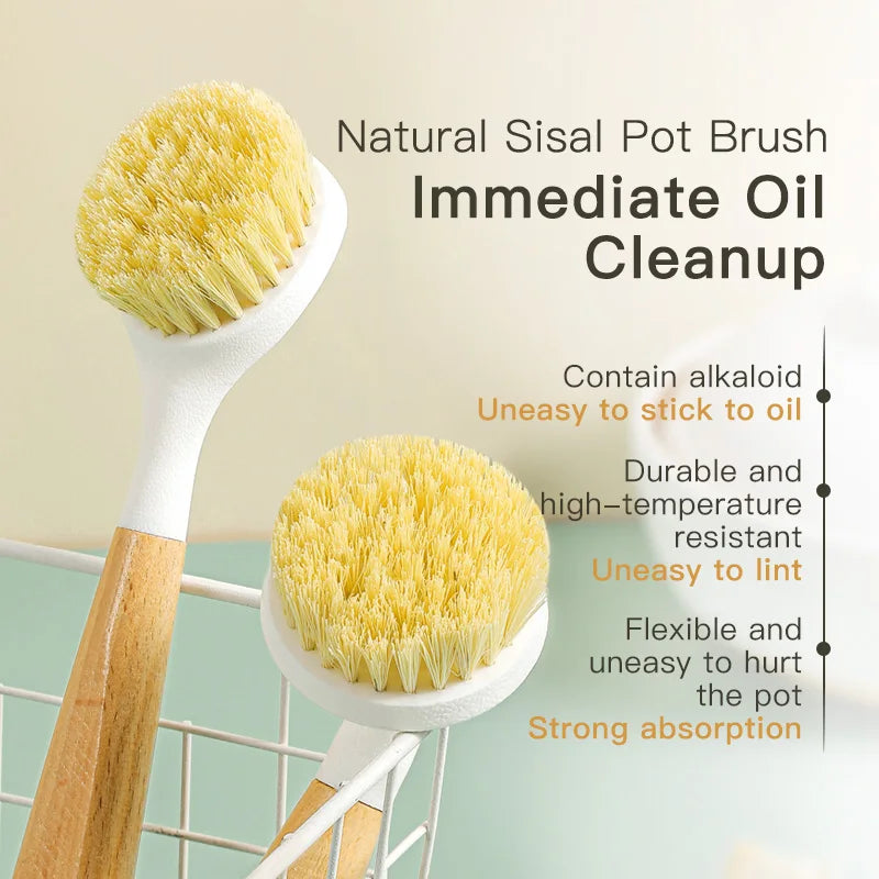 Natural Sisal Soft-Bristled Pot Brush, Household Kitchen Dishwashing Brush, Log Brush, Multi-Functional Beech Cleaning Brush