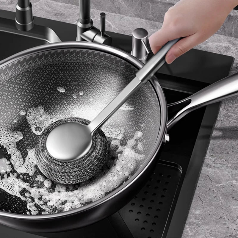 304 Stainless Steel Pot Brush Kitchen Special Pot Washing Steel Wool Ball Brush Long Handle Dish Cleaning Brush Pot Brush Tools
