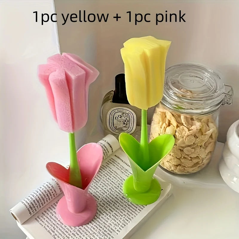 Tulip Style Reusable Cup Brush with Long Handle, Sponge Brush with Removable Sponge Head for Easy Cleaning Glasses,Water Cups