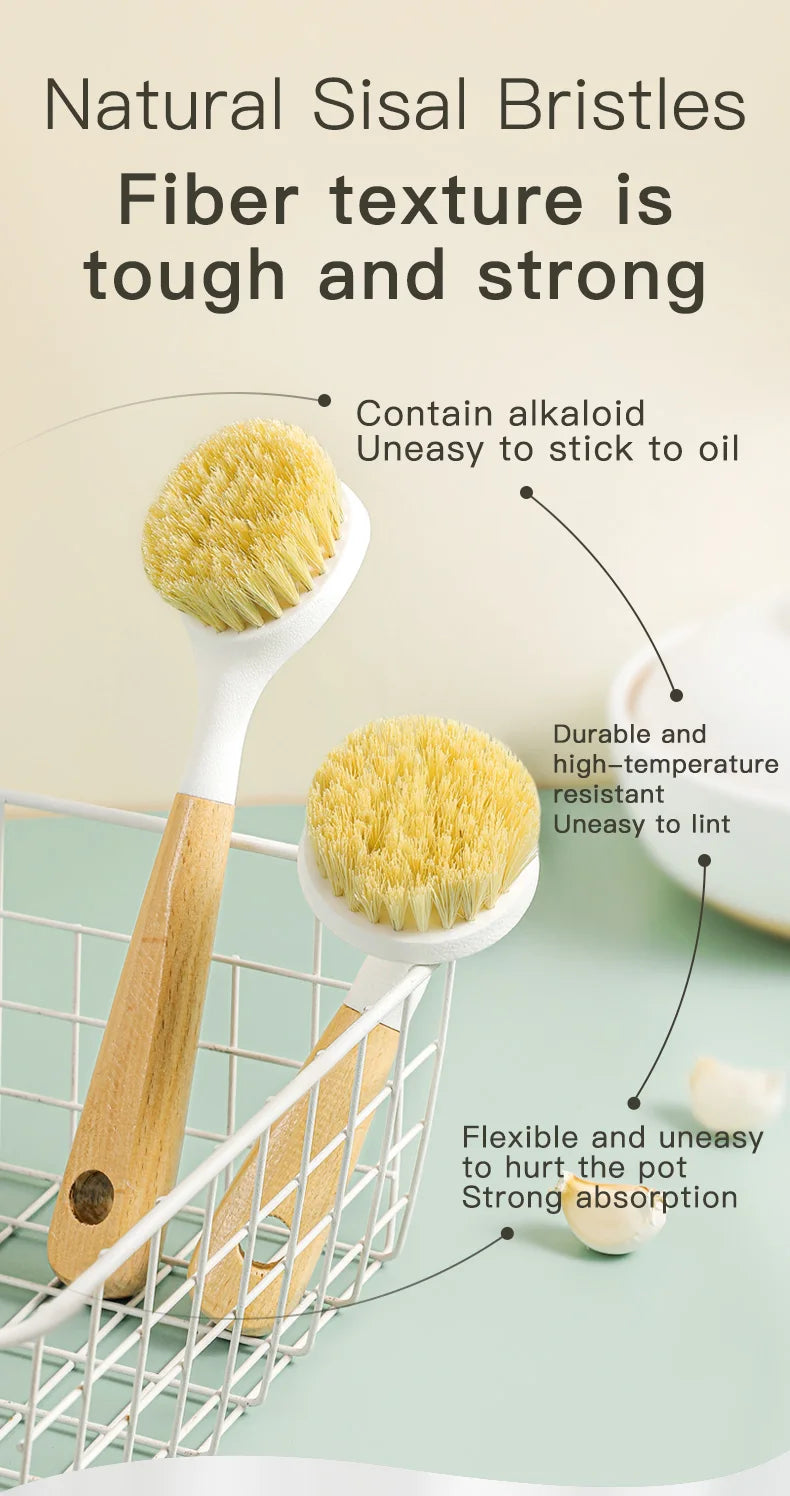 Natural Sisal Soft-Bristled Pot Brush, Household Kitchen Dishwashing Brush, Log Brush, Multi-Functional Beech Cleaning Brush