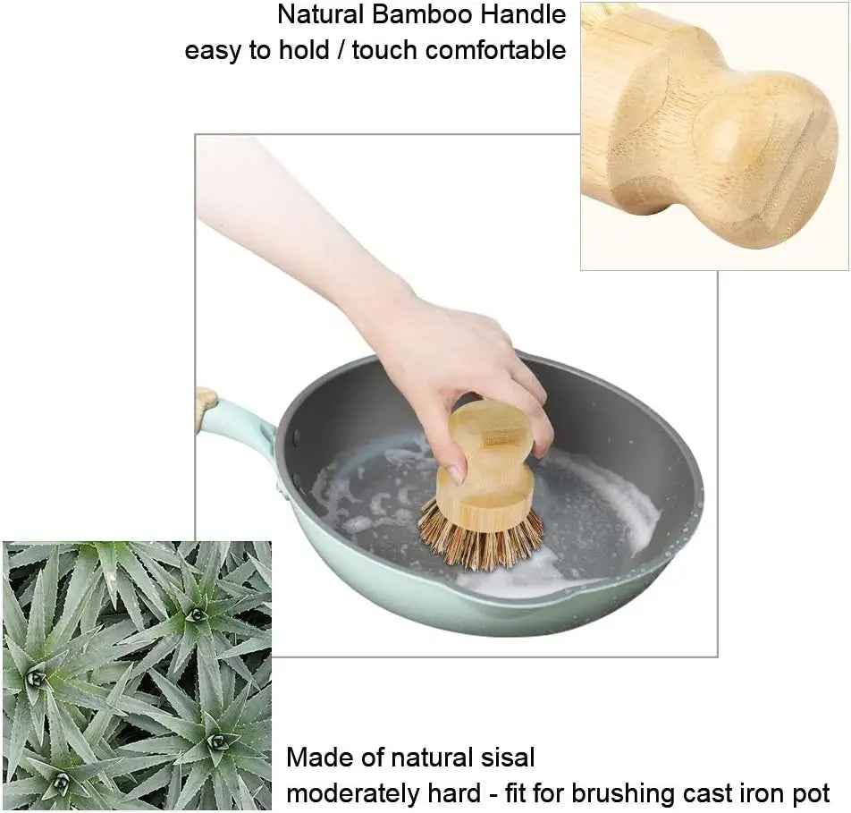 2pcs Bamboo Dish Scrub Brush Natural Scrub Cleaning Brush Vegetable Brush for Dishes Cast Iron Pots Pans Bathroom Kitchen Sink