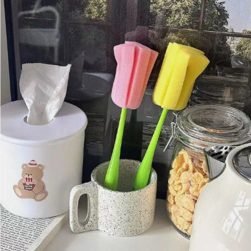 Tulip Style Reusable Cup Brush with Long Handle, Sponge Brush with Removable Sponge Head for Easy Cleaning Glasses,Water Cups