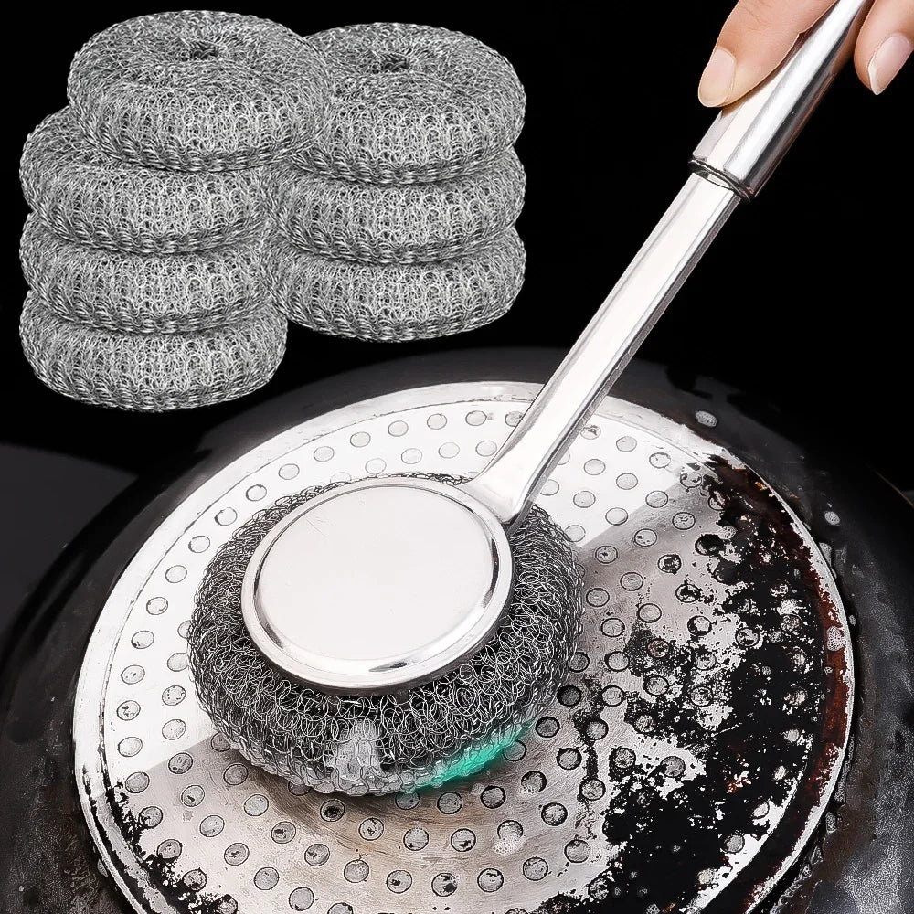 Strong Decontamination Cleaning Brush Long Handle Pot Brush Kitchen Pan Pot Dishes Cleaning Brush Steel Wire Metal Wool Scourer