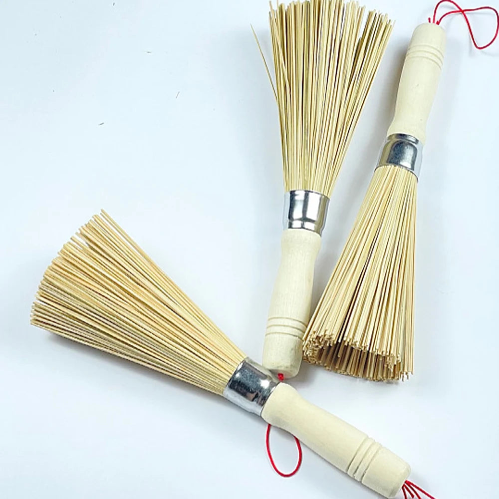 Natural Bamboo Wok Brush with Long Wooden Handle Durable Dish Scrubber Pot Pan Cleaner for Kitchen Home Restaurant Cleaning Tool