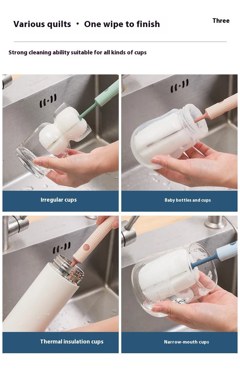 New Nordic-style Cup Brush Long-handled Sponge Cup Brush Detachable and Replaceable Head Baby Bottle and Thermos Cup Clean Brush