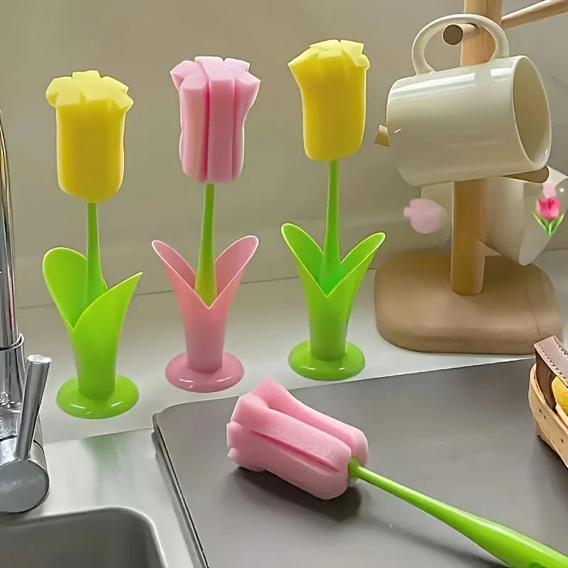 Tulip Style Reusable Cup Brush with Long Handle, Sponge Brush with Removable Sponge Head for Easy Cleaning Glasses,Water Cups