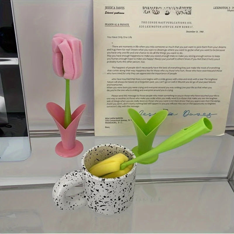 1pc Tulip-Shaped Long Handle Cup Brush - Reusable, Easy Storage Sponge For Kitchen & Bathroom Cleaning