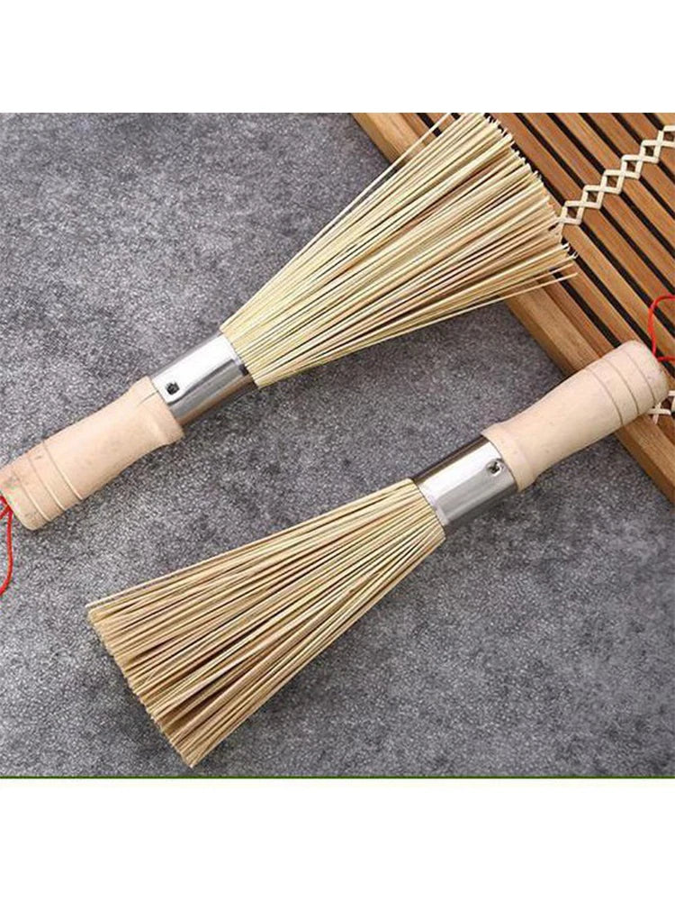 Natural Bamboo Wok Brush with Long Wooden Handle Durable Dish Scrubber Pot Pan Cleaner for Kitchen Home Restaurant Cleaning Tool