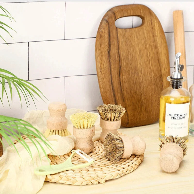 Natural Kitchen Dishwashing Brush with Wood Handle Non Oil Staining Rope Wash Pot Brush Natural Sisal Coconut Cleaning Supplies