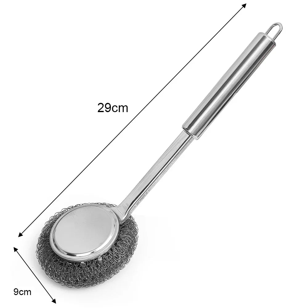 Strong Decontamination Cleaning Brush Long Handle Pot Brush Kitchen Pan Pot Dishes Cleaning Brush Steel Wire Metal Wool Scourer