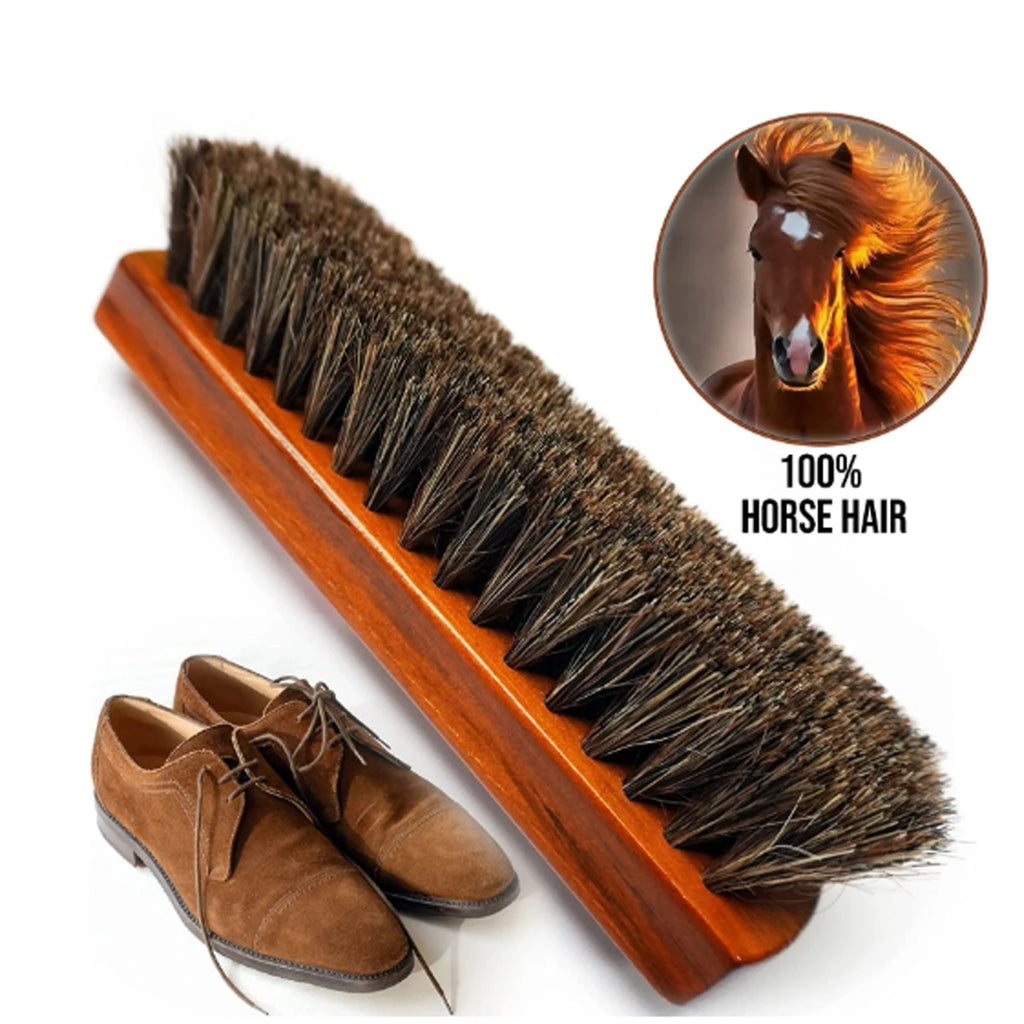 Horsehair Shoe Brush and Multifunctional Portable Plush Shoe Cloth Kit Wooden Handle Leather Car Shoe Cleaning Polishing 1 set