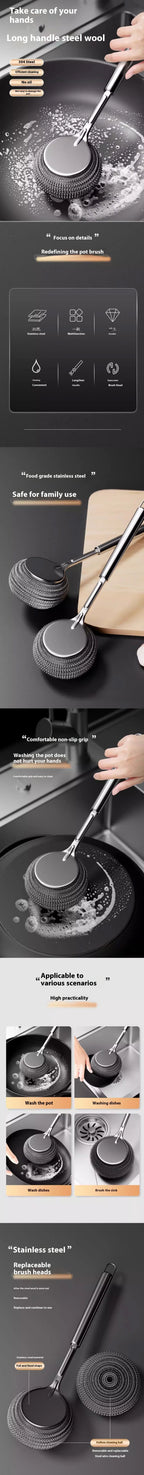 304 Stainless Steel Pot Brush Kitchen Special Pot Washing Steel Wool Ball Brush Long Handle Dish Cleaning Brush Pot Brush Tools