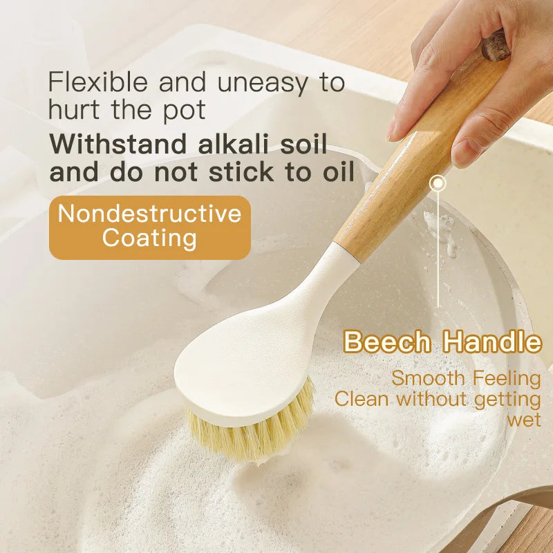 Natural Sisal Soft-Bristled Pot Brush, Household Kitchen Dishwashing Brush, Log Brush, Multi-Functional Beech Cleaning Brush