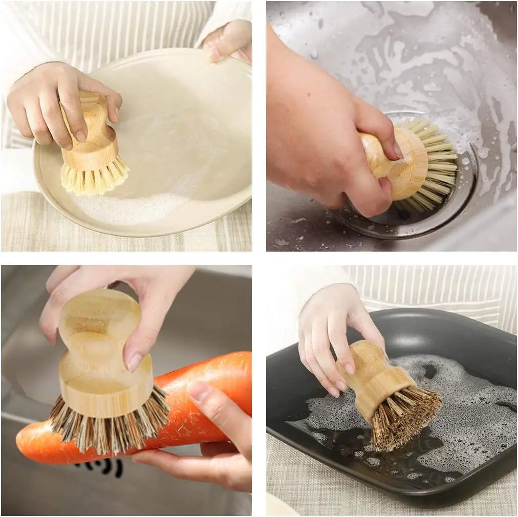 2pcs Bamboo Dish Scrub Brush Natural Scrub Cleaning Brush Vegetable Brush for Dishes Cast Iron Pots Pans Bathroom Kitchen Sink