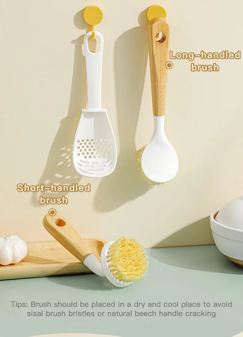 Natural Sisal Soft-Bristled Pot Brush, Household Kitchen Dishwashing Brush, Log Brush, Multi-Functional Beech Cleaning Brush