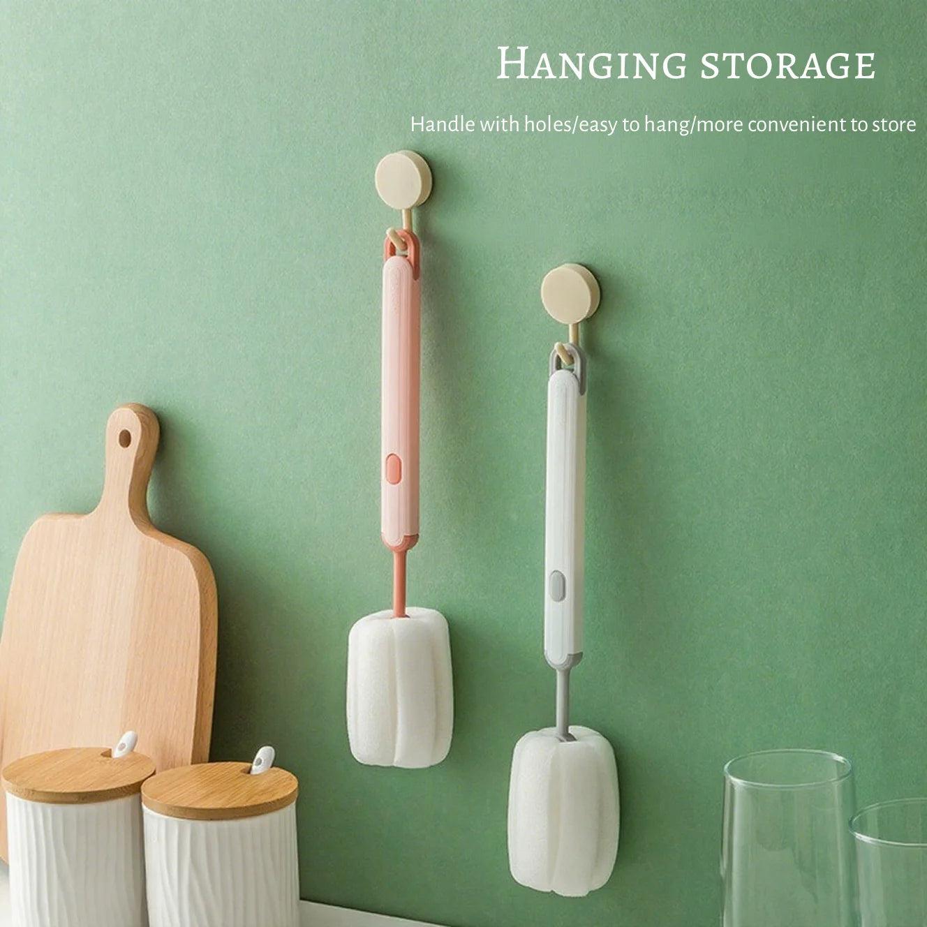 Detachable Long Handle Sponge Brush with Hanger - Cup & Bottle Cleaning Brush, Space Saving Sink Organizer (For Mugs, Glasses)
