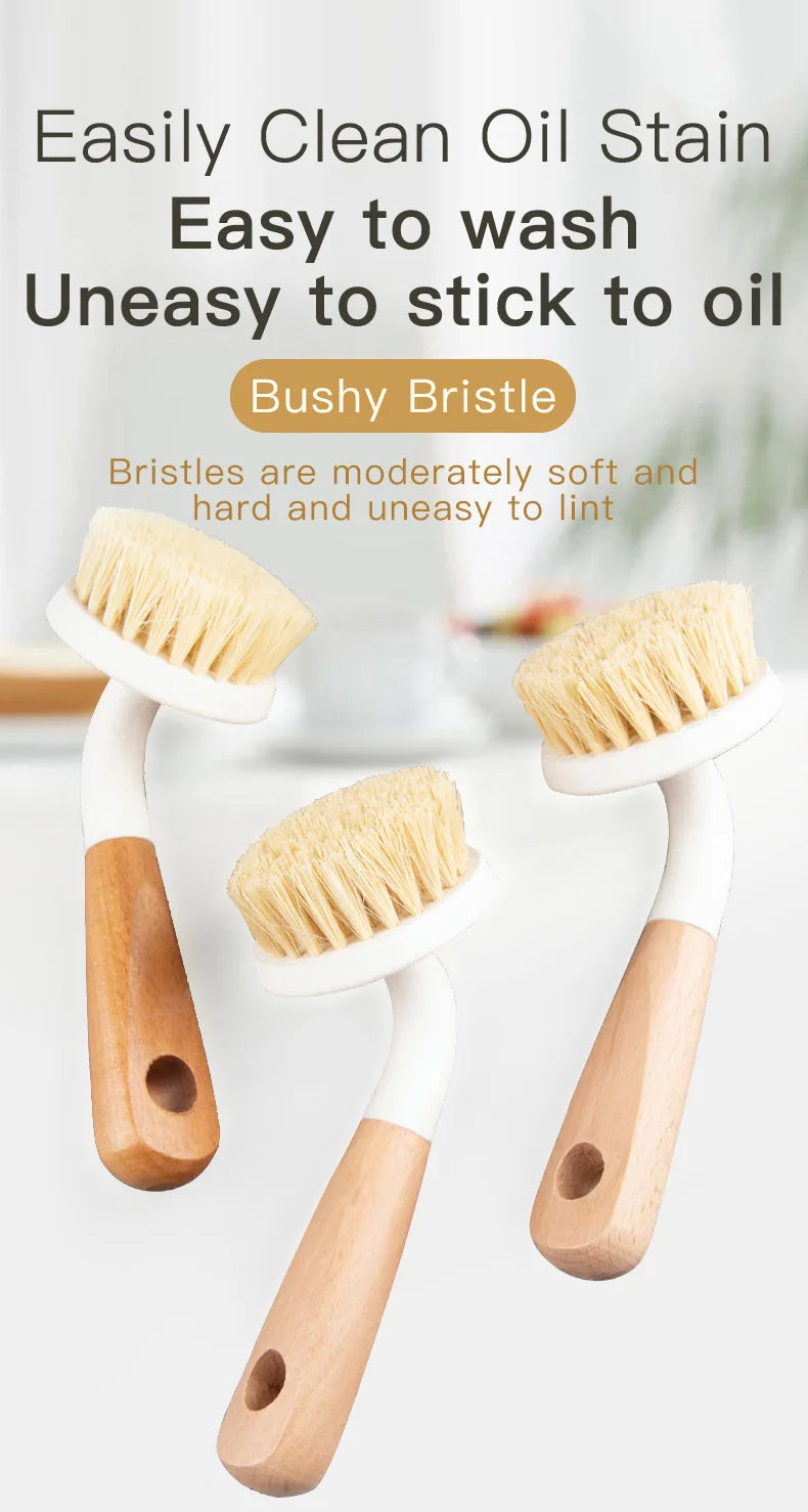 Natural Sisal Soft-Bristled Pot Brush, Household Kitchen Dishwashing Brush, Log Brush, Multi-Functional Beech Cleaning Brush