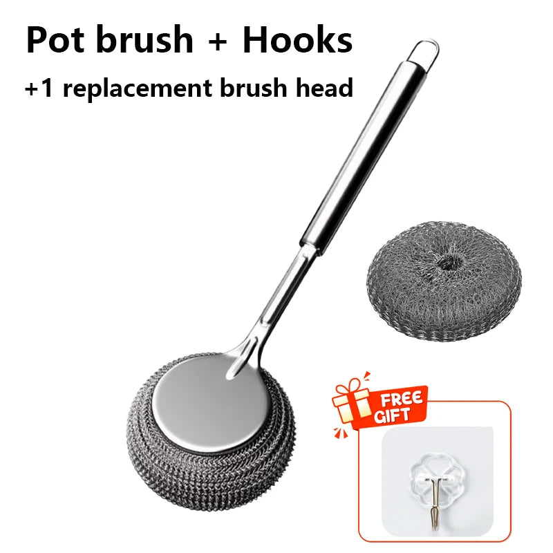304 Stainless Steel Pot Brush Kitchen Special Pot Washing Steel Wool Ball Brush Long Handle Dish Cleaning Brush Pot Brush Tools