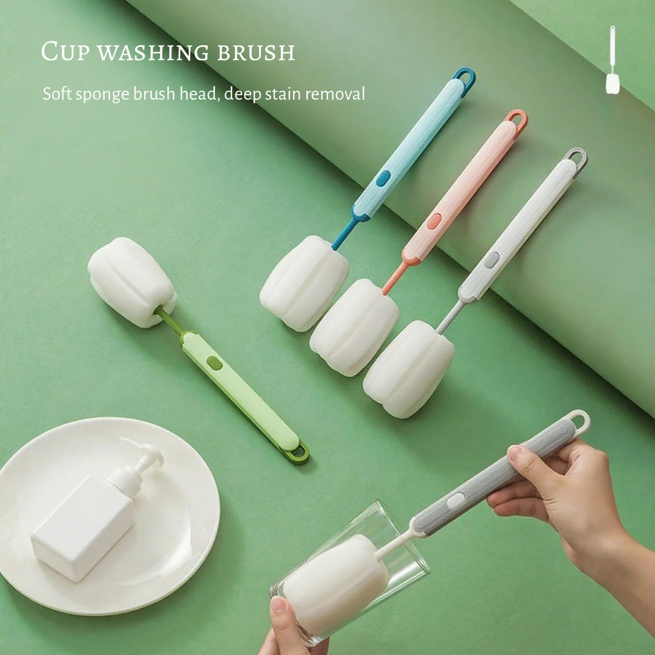 Detachable Long Handle Sponge Brush with Hanger - Cup & Bottle Cleaning Brush, Space Saving Sink Organizer (For Mugs, Glasses)